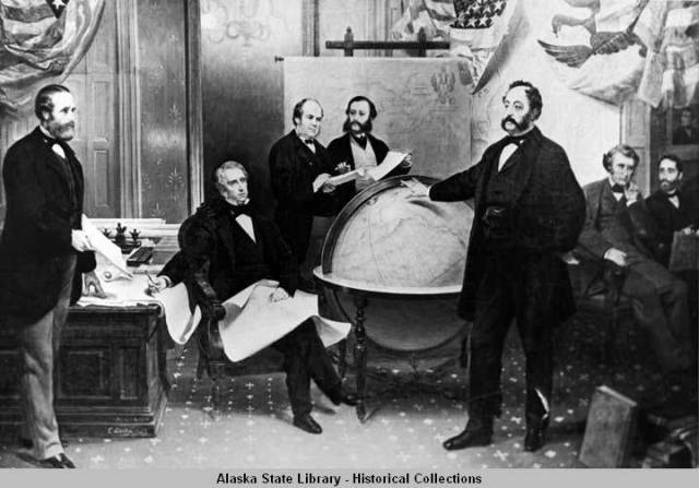 Black and white print from the painting: the Signing of Treaty of Cessation, March 30, 1867. Shown left to right; Robert S. Chew; William. H. Seward (Secretary of State), William Hunter; Mr. Bodisco; Baron de (Eduard) Stoeckl (Russian Diplomat); Charles Sumner and Frederick W. Seward.
