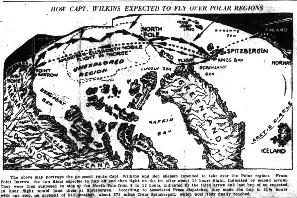 An image from the Daily Alaska Empire, 1928-04-21, showing the routes of the various flights over the North Pole. 