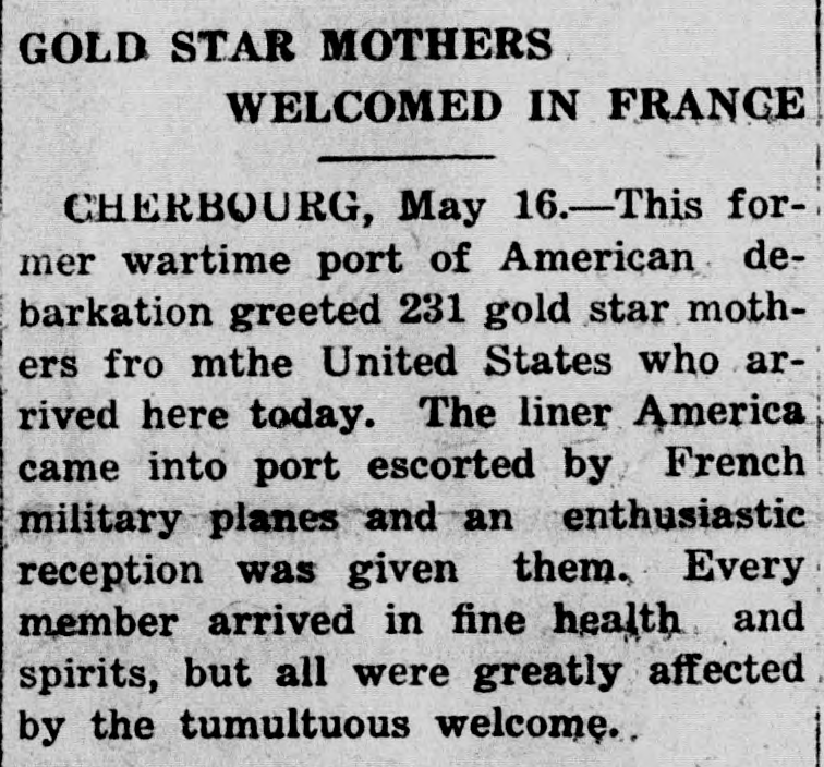 Newspaper article with headline "Gold Star Mothers Welcomed in France"