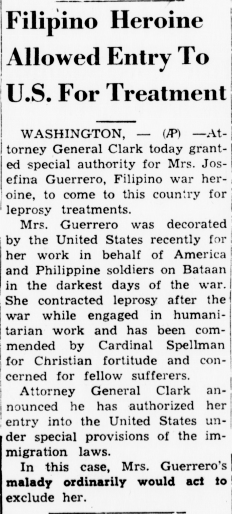 A newspaper article reporting that Josefina Guerrero was granted permission to come to the U.S. for treatment of her Hansen's Disease